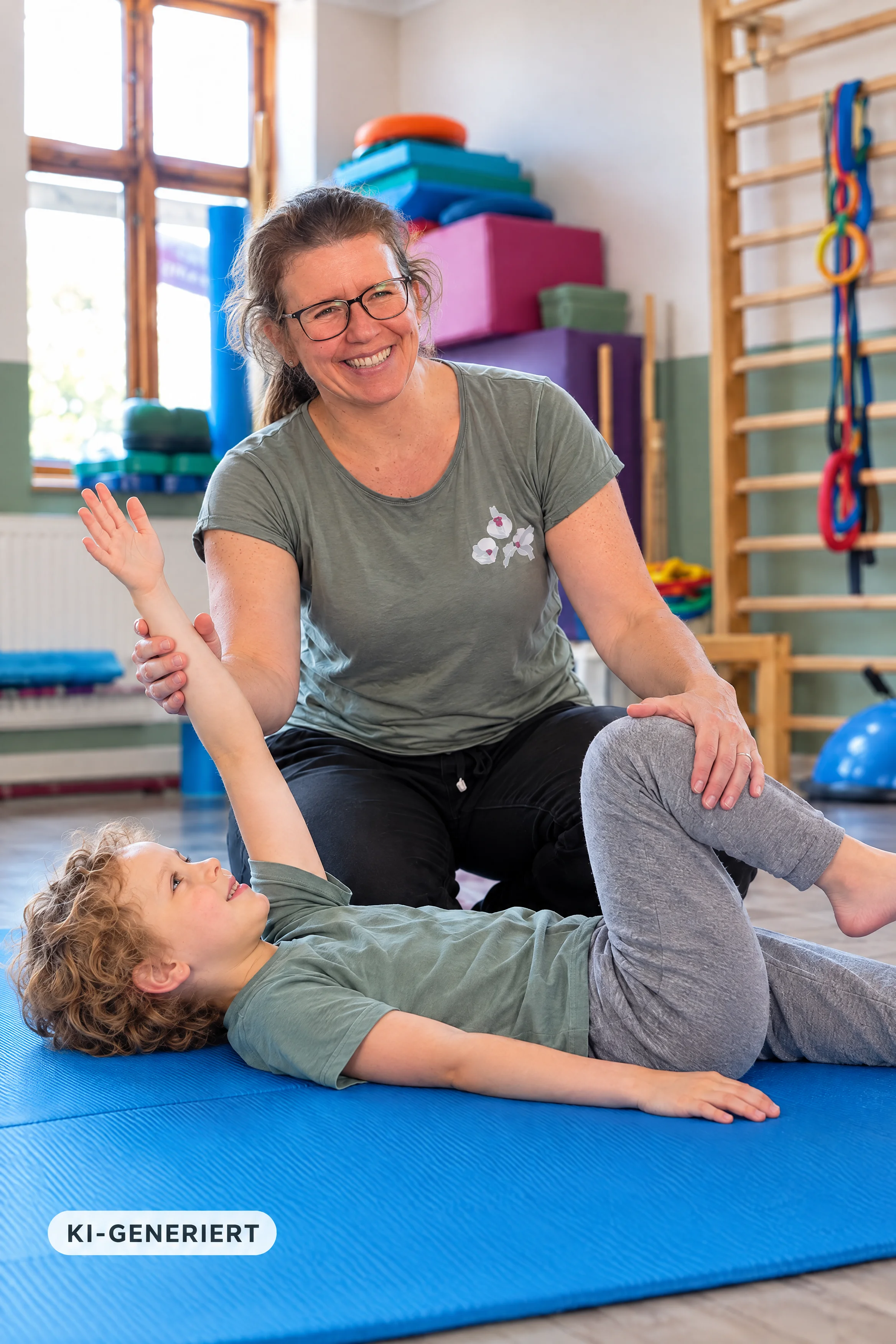Therapeutin übt mit einem liegenden Kind Arm- und Beinbewegungen zur Reflexintegration (KI-Beispielbild)