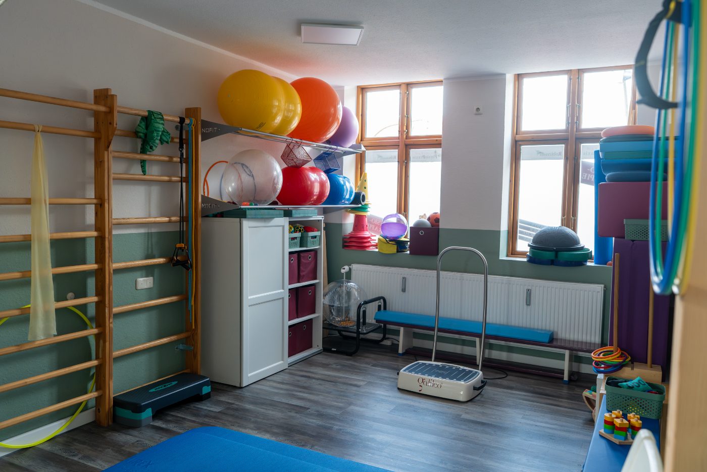 Therapieraum mit Sprossenwand, Gymnastikbällen und Galileo-Trainingsgerät