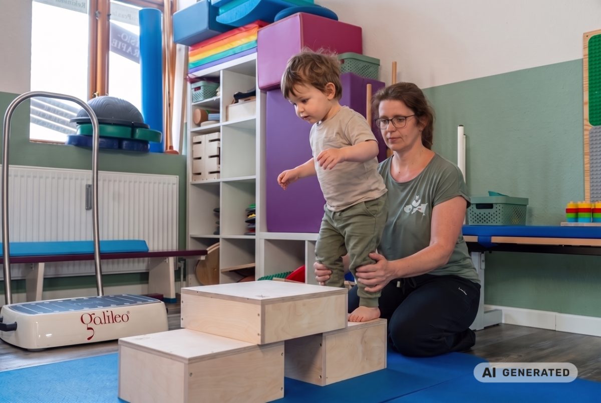 Kind übt auf Holzstufen, begleitet von der Therapeutin (KI-Beispielbild)