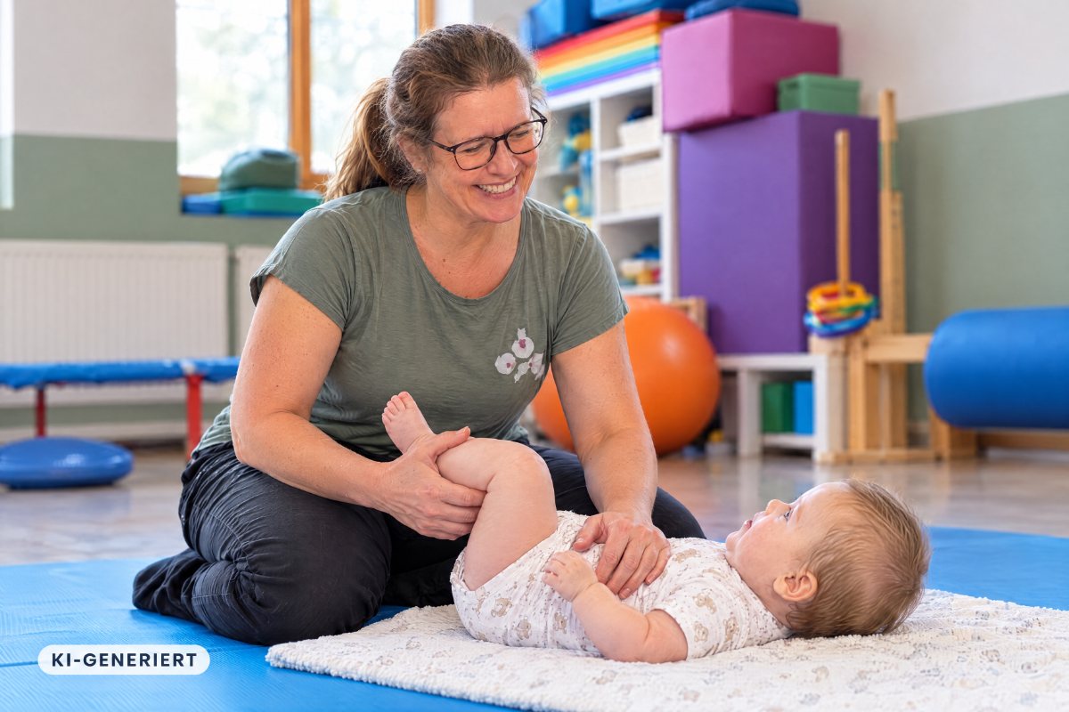 Jessica Robinson behandelt ein Baby sanft auf der Bodenmatte (KI-Beispielbild)